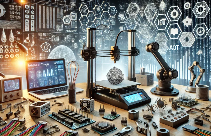 Tendências de Tecnologia no Movimento Maker em 2024 5 Saravati DALL·E 2024 08 22 14.30.07 A dynamic maker space showcasing modern trends in maker technology. A 3D printer is in action printing a complex object from new materials like metal Saravati
