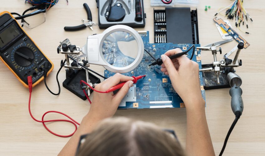 young female inventor creating her workshop Saravati