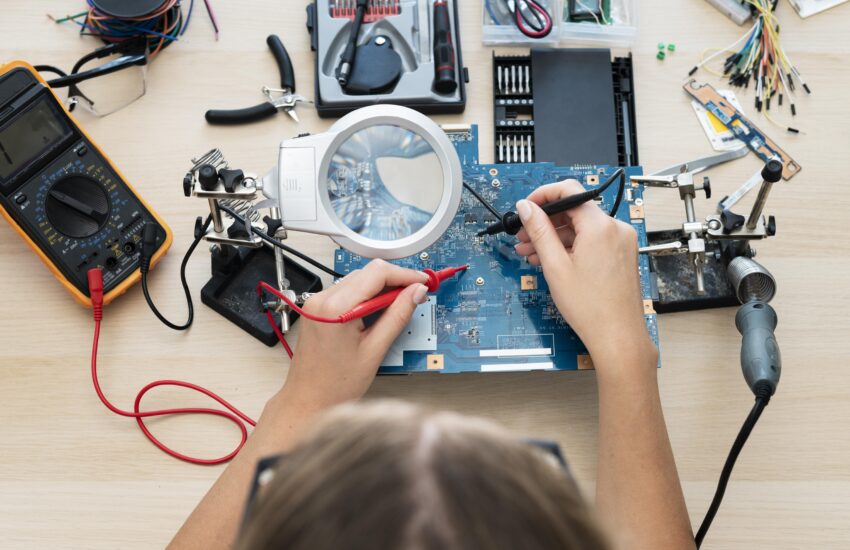 young female inventor creating her workshop Saravati