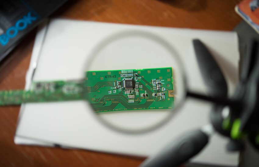 engineer looking circuit board through magnifying glass Saravati